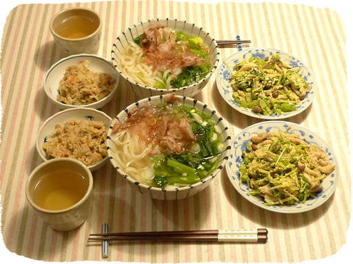 うどん、豆苗炒め