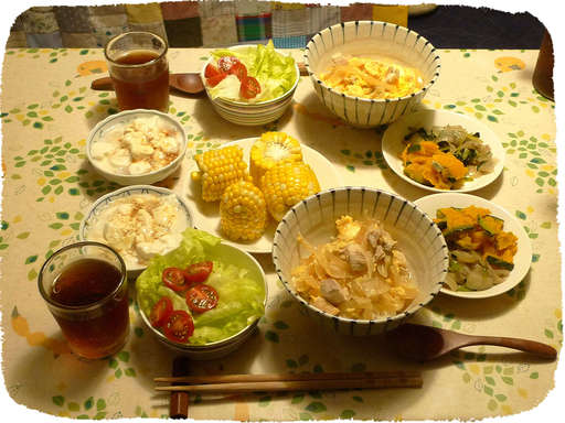 親子丼、とうもろこし