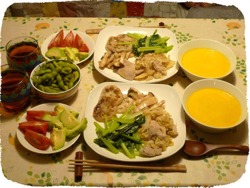 かぼちゃのスープ、キャベツ炒...