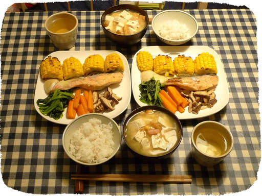 サーモン、とうもろこし、にん...