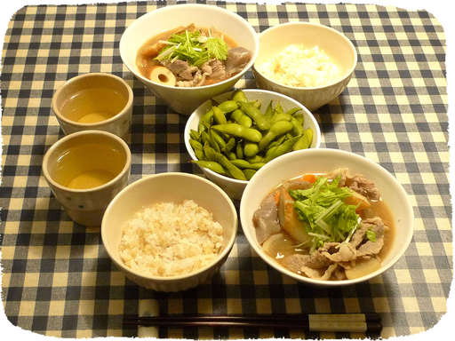 豚汁、枝豆