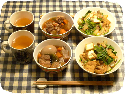 角煮玉子、厚揚げ炒め