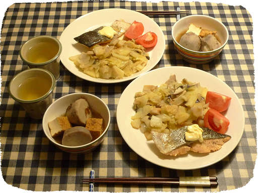 鮭のソテー、キャベツ炒め