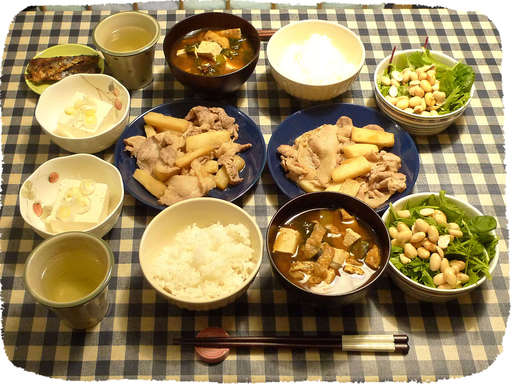 長芋豚肉炒め、大豆サラダ