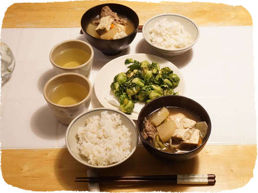 芽キャベツ素揚げ、大根汁