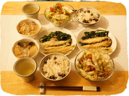 チカの天ぷら、むかごご飯