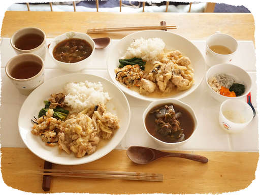 牛筋煮込み、鶏肉キャベツ炒め