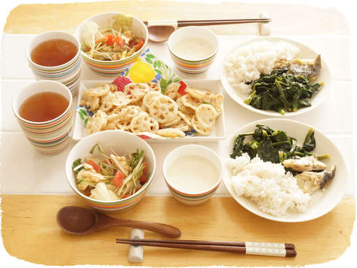 ほうれん草、レンコン素揚げ、...