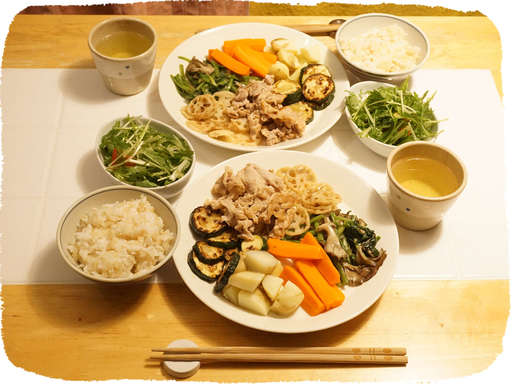 レンコン素揚げ、蒸し野菜