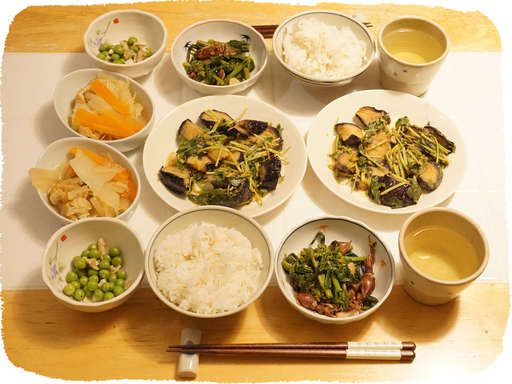 三つ葉なすごま合え、エンドウ...