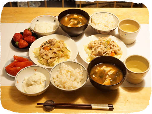 豚肉炒め、蒸しキャベツ