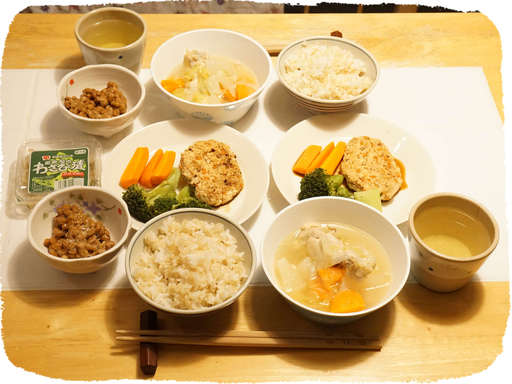 豆腐ハンバーグ、手羽先スープ