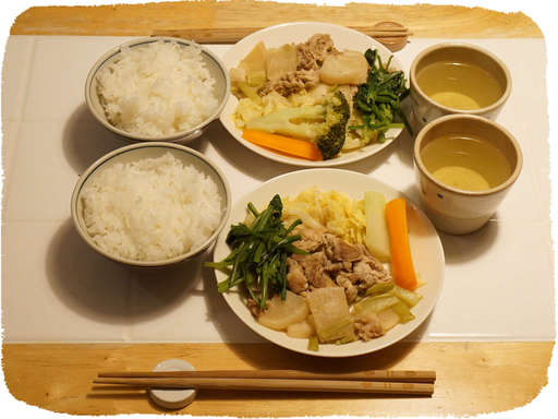 蒸し野菜、カブと豚肉の煮物