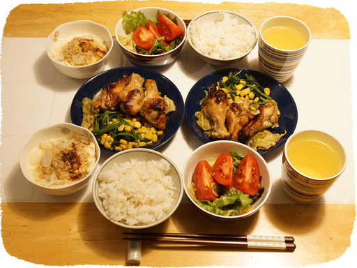 手羽先の甘辛焼き、ほうれん草...