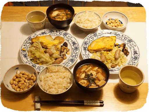 ソーセージキャベツ炒め、オム...