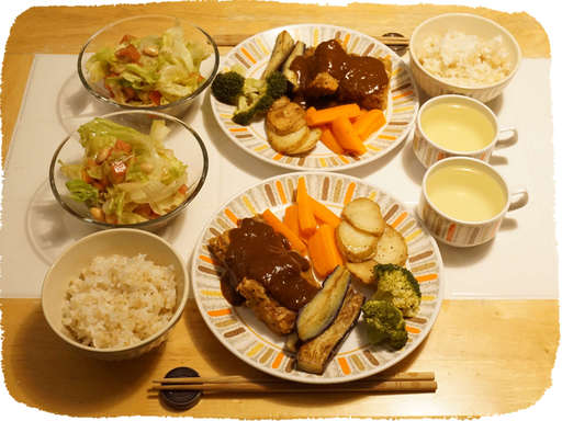 ミートローフ、なす、焼き野菜