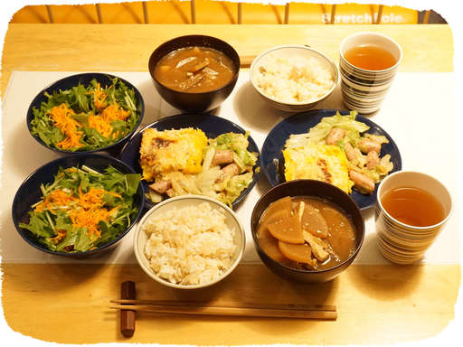 グラタン、キャベツ炒め、サラ...