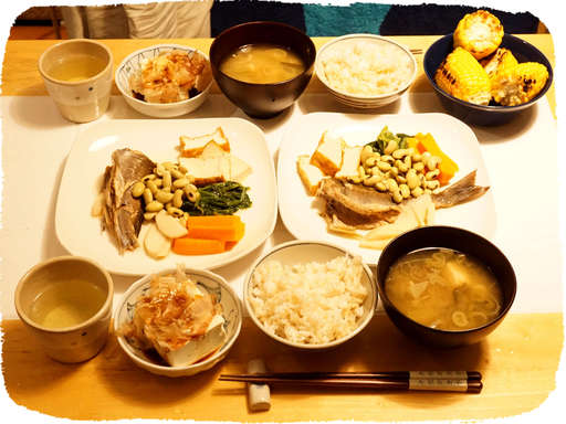 イシモチの煮魚、蒸し野菜