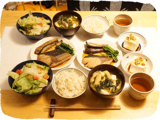 ブリ照り焼き、なす素揚げ